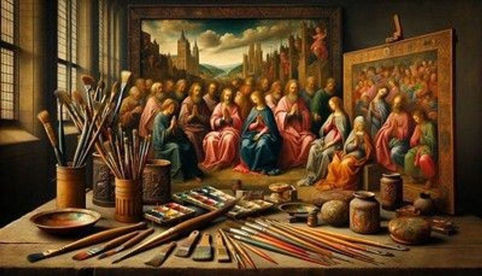 An array of oil paintings showcasing religious themes characteristic of Jan van Eyck's style, with paint and brushes arranged in front of the paintings