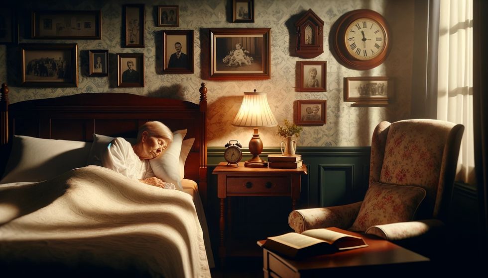 An elderly person rests in a cozy, warmly lit room filled with classic furniture, an open book, family photos, and a vintage clock