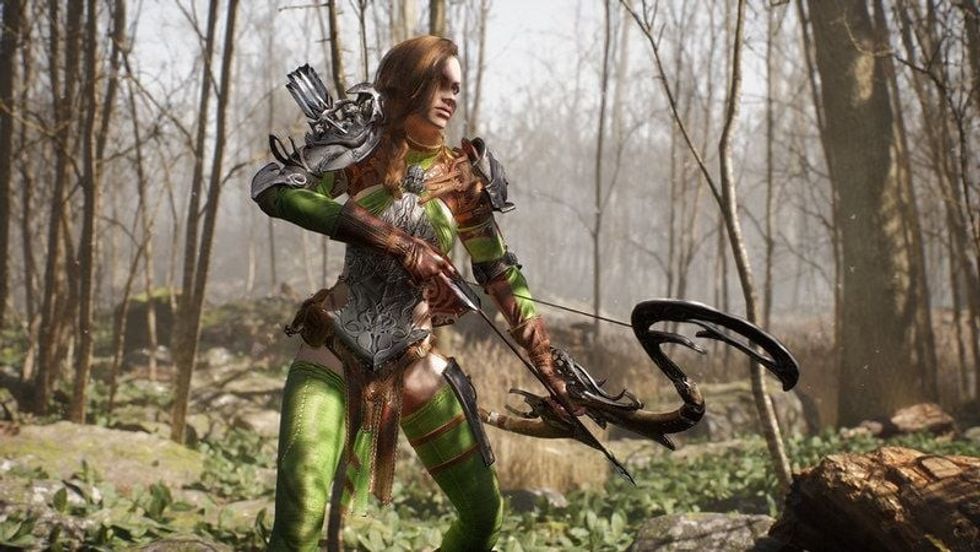 An elven girl archer and a formidable giant orc prepare for battle