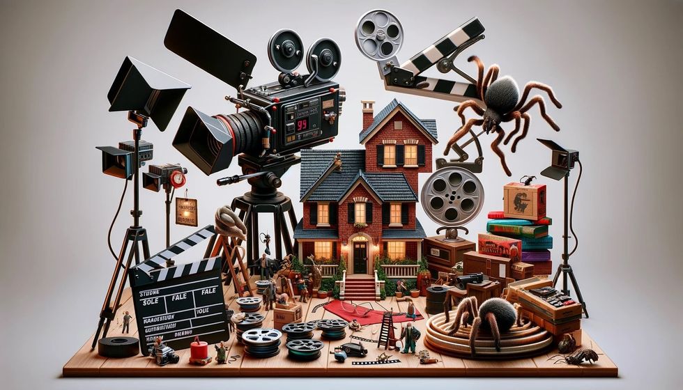 An illustration of a '90s film set with key props and a behind-the-scenes look at the making of the Home Alone movie.