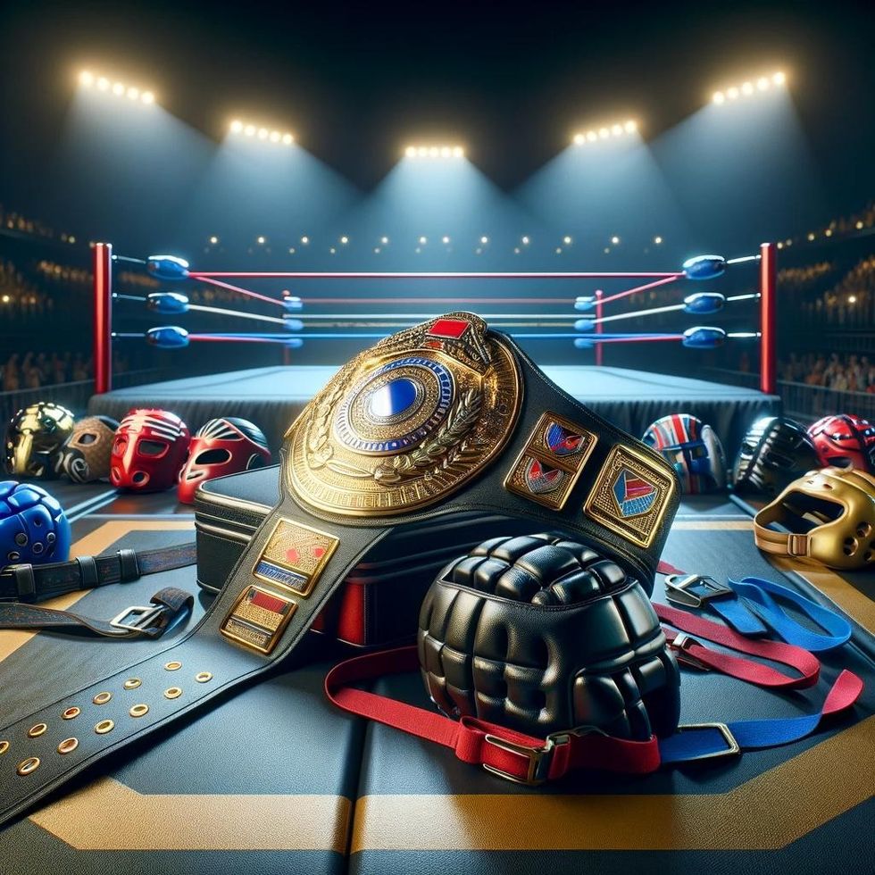 An image depicting professional wrestling gear such as belts and headgear.
