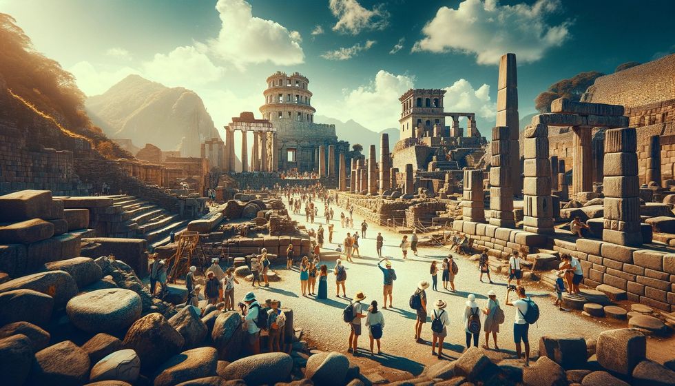 An image featuring tourists exploring the ruins of an ancient civilization, emphasizing the grandeur and historical significance ideal for discussions around geography.