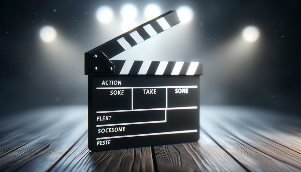 An image of a clapperboard against a couple of light bulbs on a black background.
