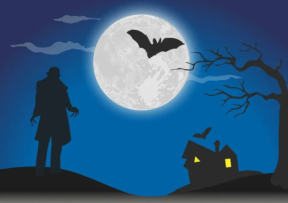 An image of a creepy night. The image shows an evil man with long nails, a full moon with bats flying a dead tree and a haunted house