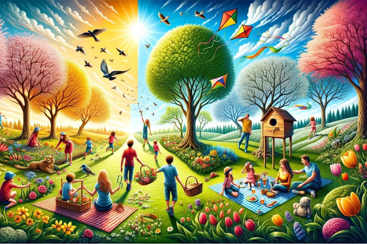 An image of a family enjoying spring activities including gardening, picnicking, and birdhouse crafting in a vibrant outdoor setting.