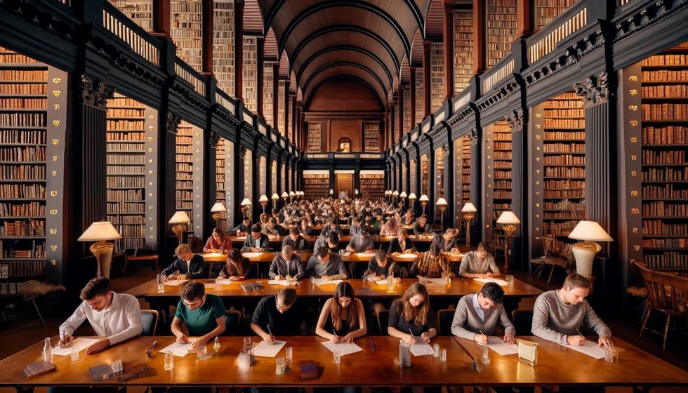 An image of a grand library setting with contestants seated at long tables, surrounded by towering bookshelves, focused on tough trivia questions in a scholarly environment ideal for discussions around literature.