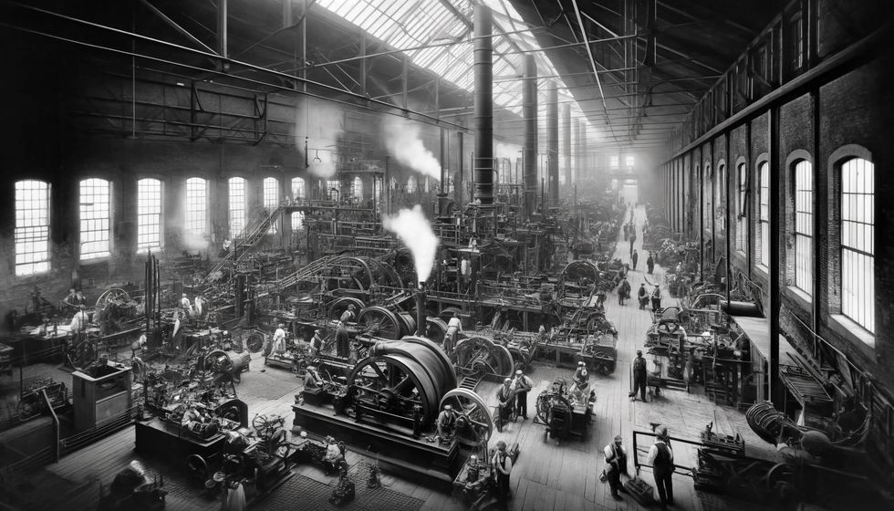 An image showing the interior of a 19th-century factory during the Industrial Revolution idea for trivia about history