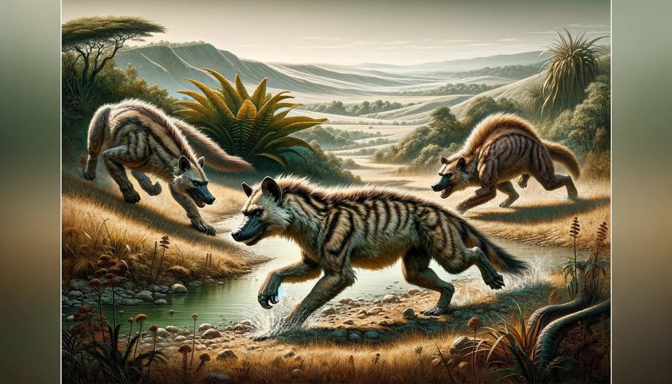 An image showing three Hyaenodons within a prehistoric landscape