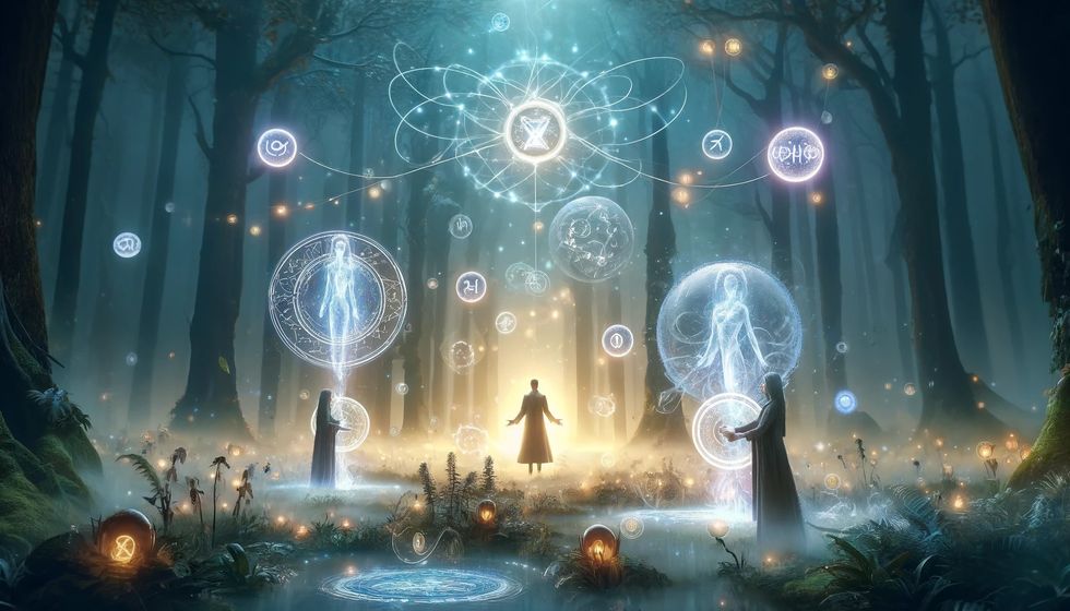 An image showing three mystical beings at twilight, filled with ethereal lights and floating orbs showcasing their psychic powers