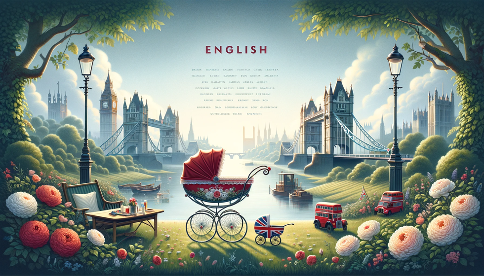 An image suitable for baby names of English origin. The design encompasses elements of English culture and history.