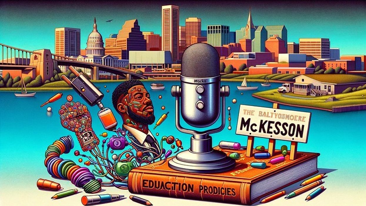 An intricate collage depicting a civil rights activist and podcaster, with a modern microphone, a book, and a colorful sign with the name 'Mckesson', against a cityscape.
