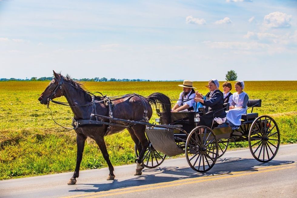 An Old Order Amish family ride in an open wagon in Lancaster County, Pennsylvania.