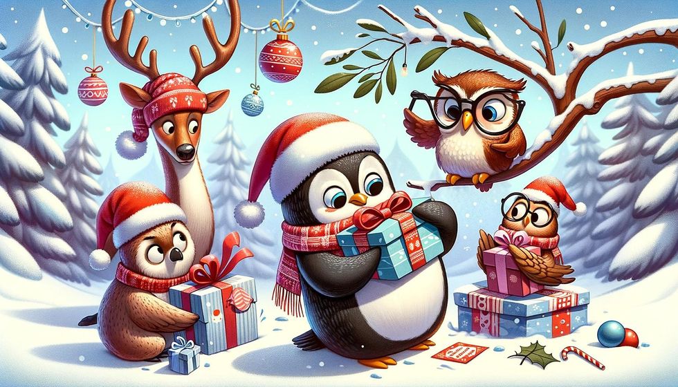 Animals in festive attire exchanging gifts humorously in a snowy landscape, including a penguin struggling with a large present and a reindeer hiding a gift.
