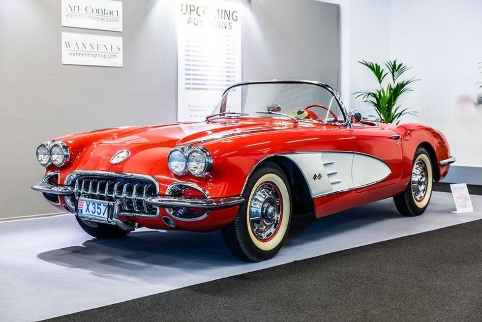 April Classic red and white 1960 Chevrolet Corvette C1 convertible