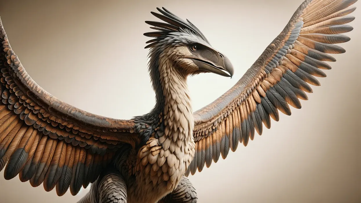 Argentavis, a giant prehistoric bird, standing majestically on a plain, neutral-colored background.
