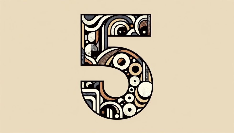 Artistic depiction highlighting the number 5's properties as a prime and an odd number through abstract shapes and patterns.