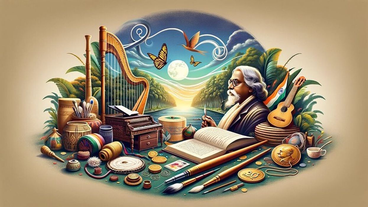 Artistic representation of Rabindranath Tagore's persona with a Bengali writing desk, Nobel medal, paintbrush, canvas, sitar, and 'Gitanjali' book, set against a serene Bengali landscape.
