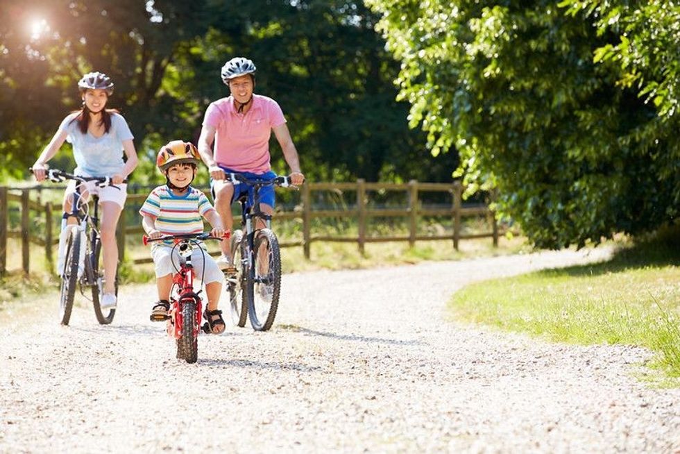 Asian Family On Cycle Ride In Countryside.