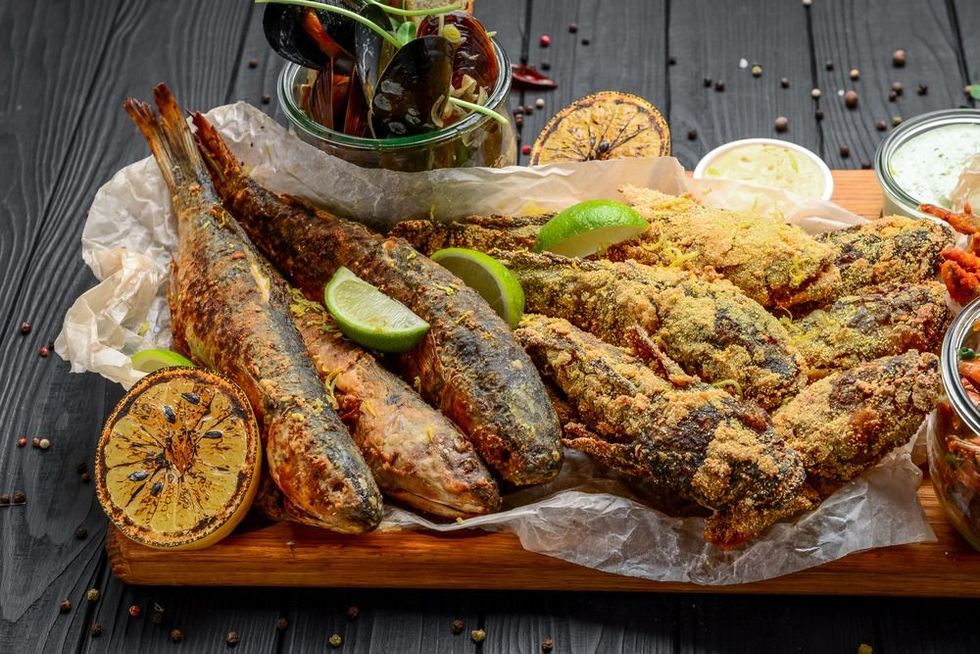 Assorted seafood appetizers, fried fish a catholic tradition food