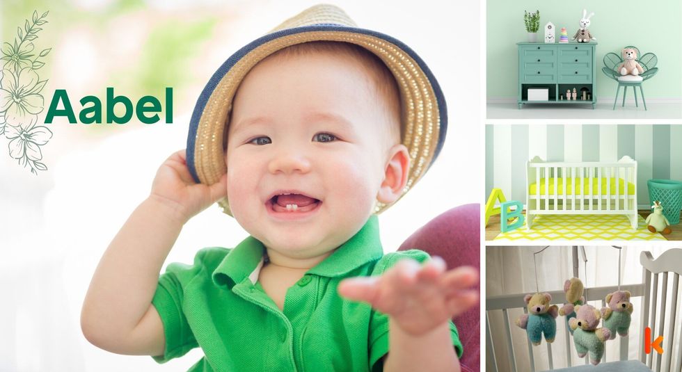 Baby name aabel - cute baby boy wearing hat, green nursery & toys