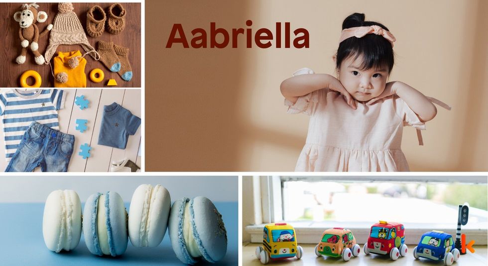Baby Name Aabriella - cute baby, flowers, shoes, macarons and toys.