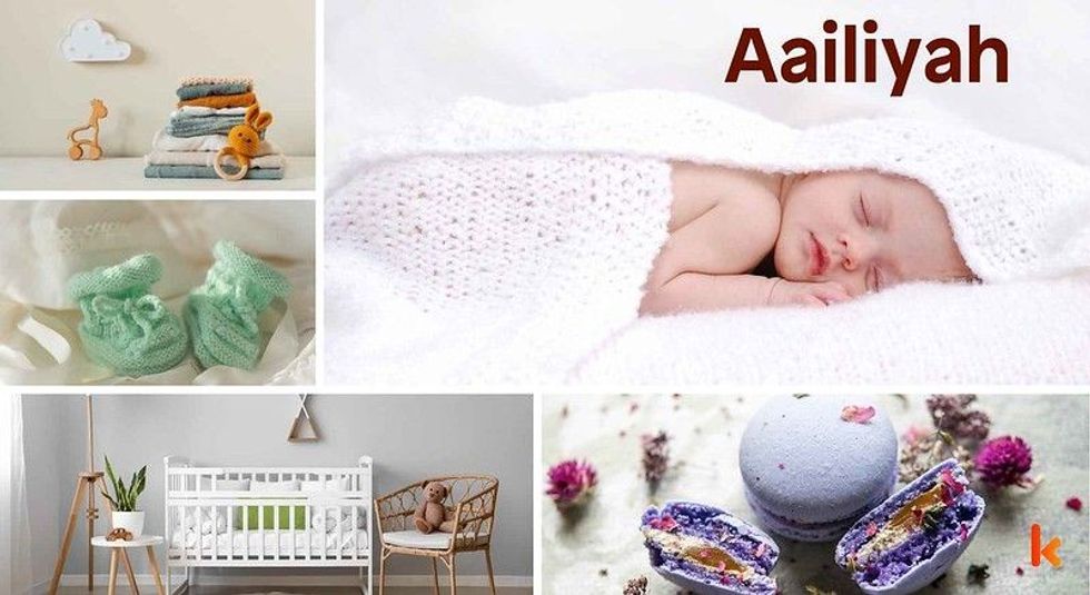 Baby Name Aailiyah - cute baby, flowers, shoes, cradle and toys.