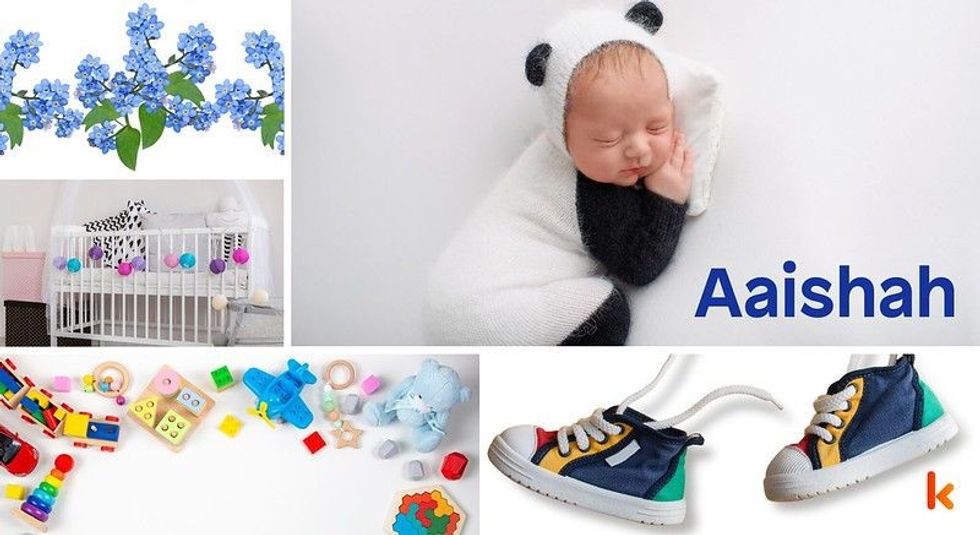 Baby Name Aaishah - cute baby, flowers, shoes, cradle and toys