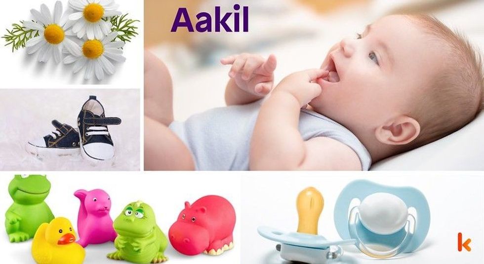 Baby Name Aakil - cute baby, flowers, shoes, pacifier and toys