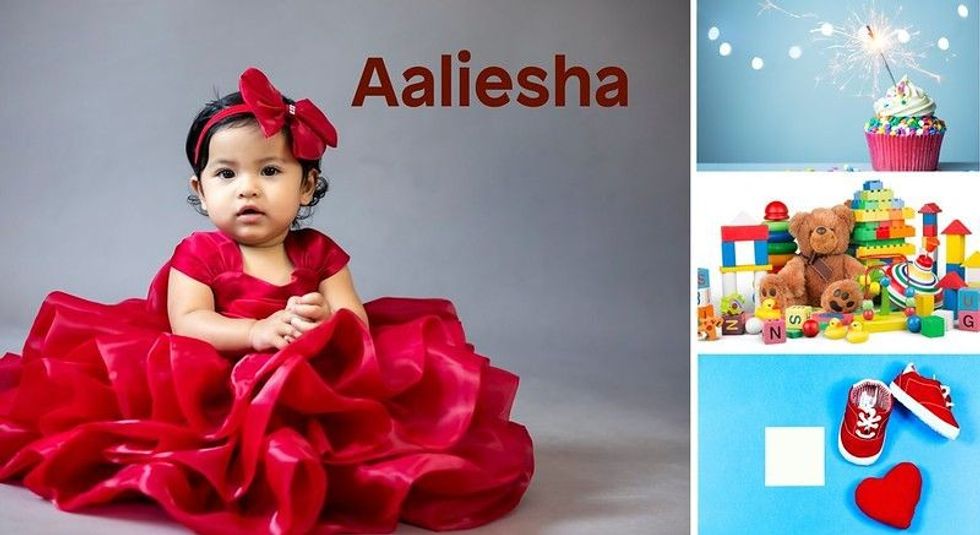 Baby Name Aaliesha - cute baby, flowers, shoes and toys.