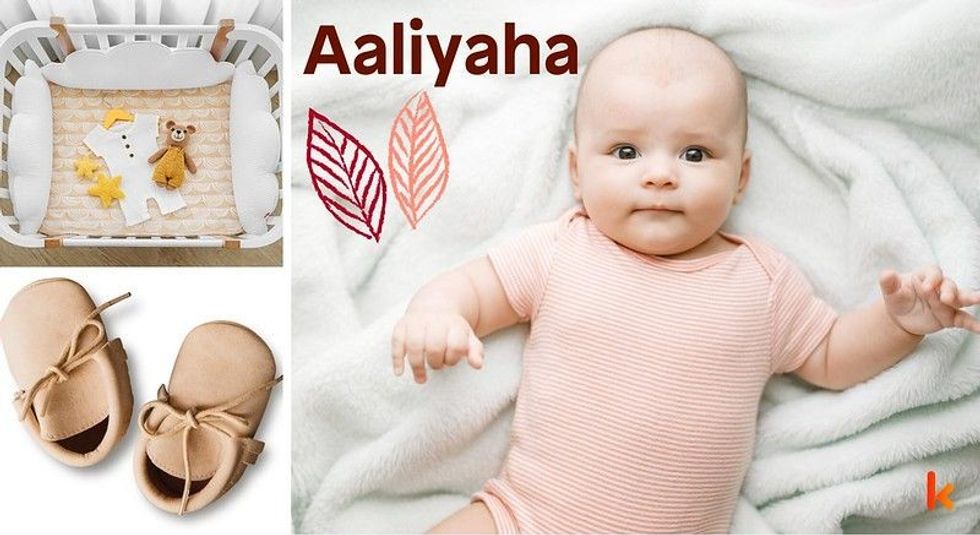 Baby Name Aaliyaha - cute baby, flowers, shoes, cradle and toys.