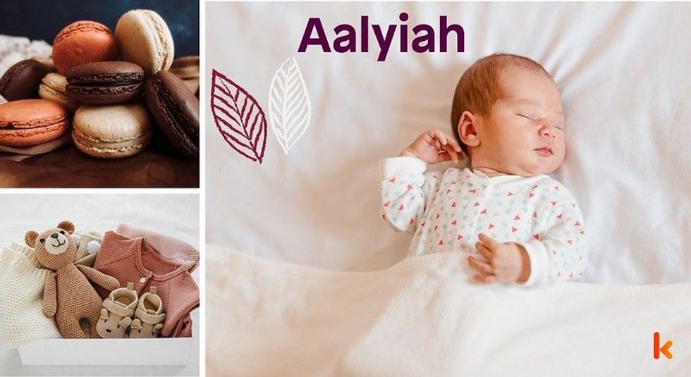 Baby Name Aalyiah - cute baby, flowers, shoes, macarons and toys.