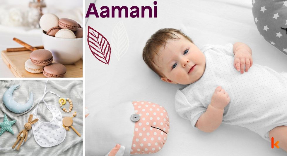 Baby Name Aamani - cute baby, flowers, shoes, macarons and toys.