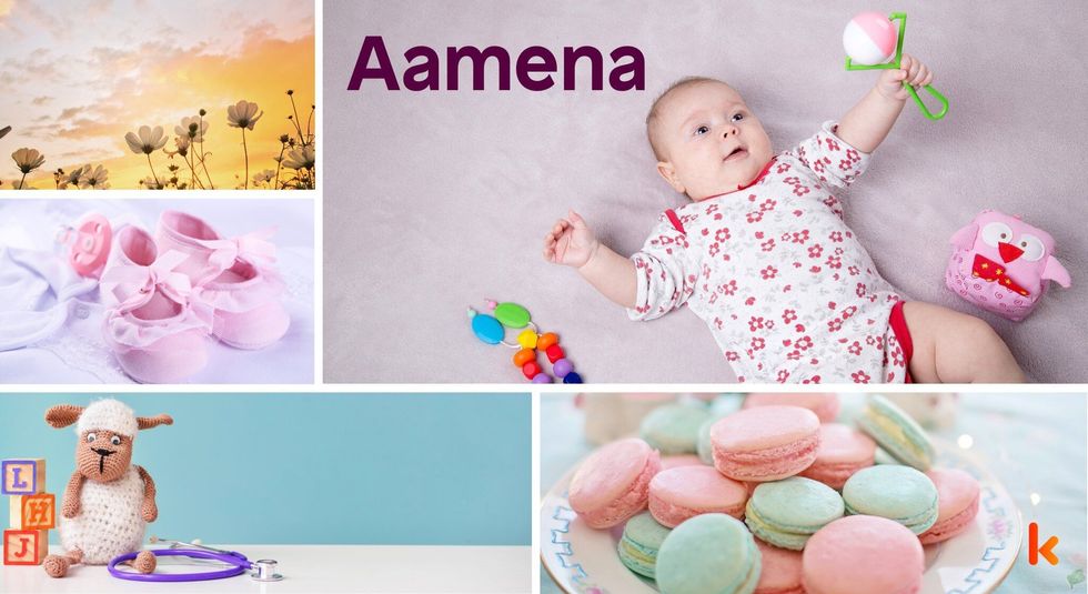 Baby Name Aamena - cute baby, flowers, shoes, macarons and toys.