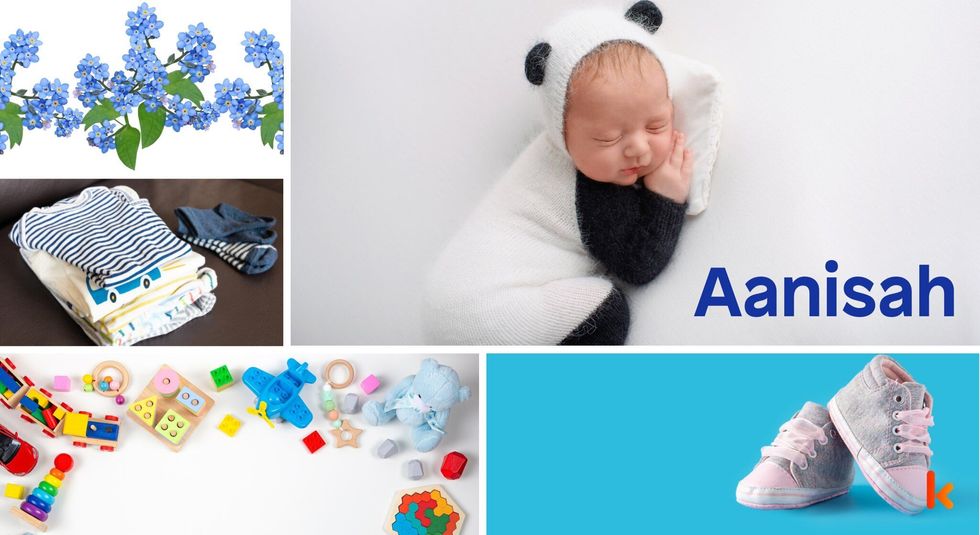Baby Name Aanisah - cute baby, flowers, dress, shoes and toys.
