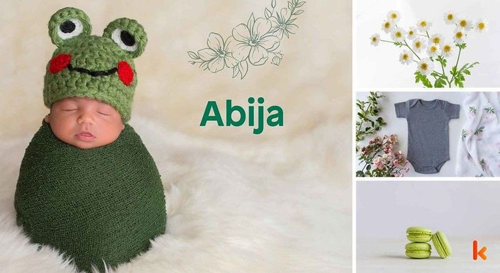 Baby Name Abija - cute baby, baby clothes, macarons, flowers.