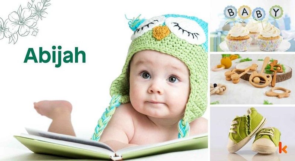 Baby Name Abijah - cute baby, baby shoes, teether, cupcake.