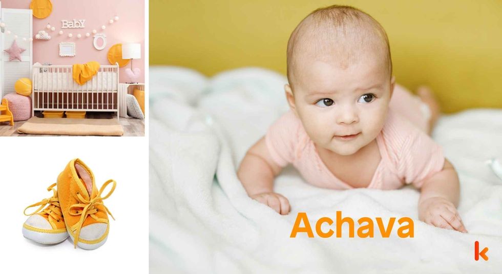 Baby Name Achava - cute baby, flowers, shoes, cradle and toys.