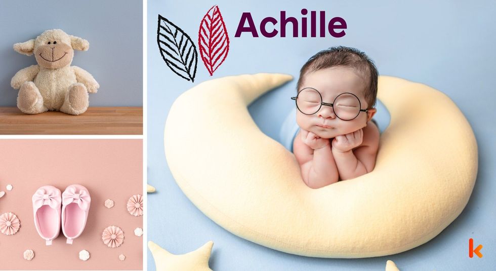 Baby Name Achille - cute baby, flowers, shoes and toys.