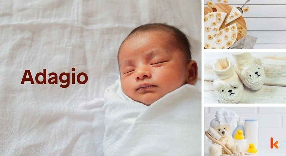 Baby name Adagio - cute baby, cake, booties, teddy & brush