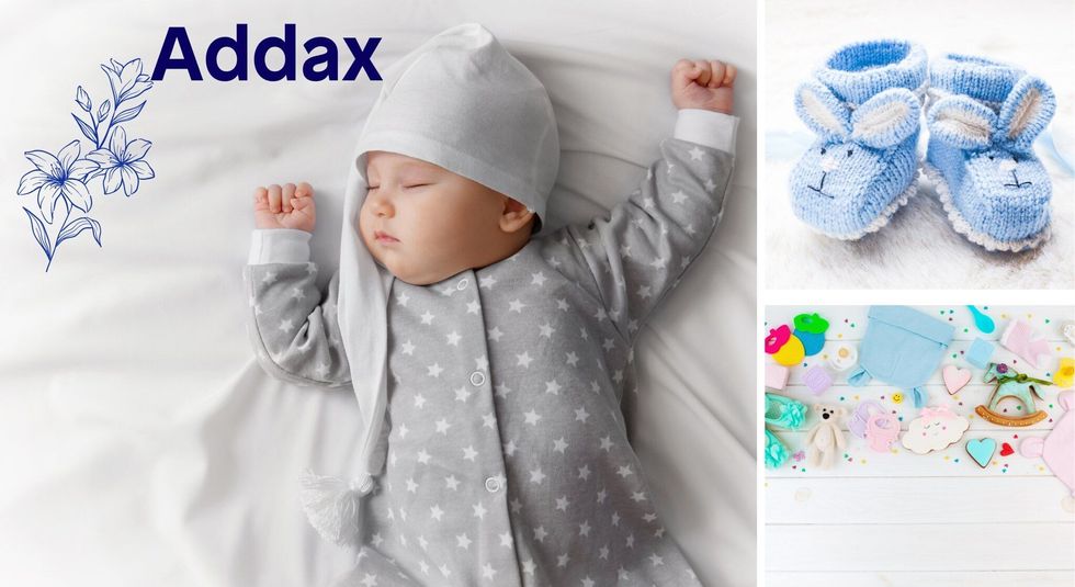 Baby Name Addax - cute baby, flowers, shoes and toys