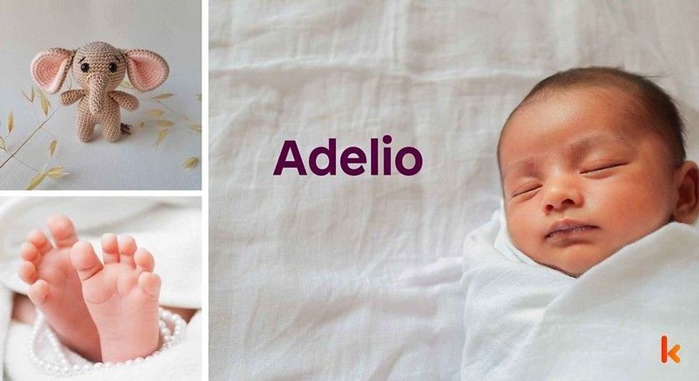 Baby Name Adelio - cute baby, baby foot, knitted toy.