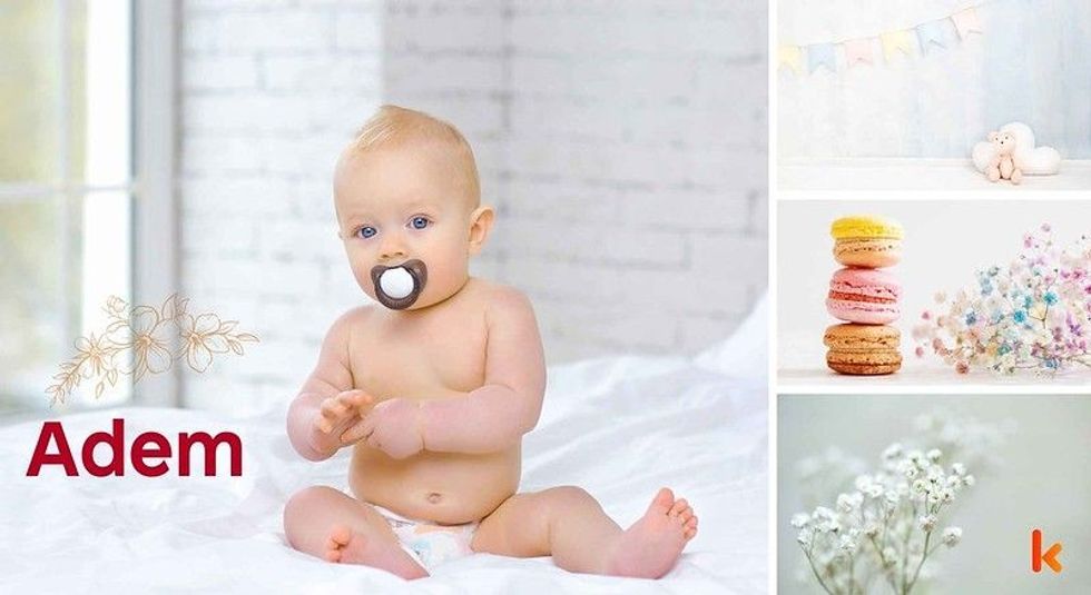 Baby name Adem- Cute baby, macrons, bib, flowers &toys.