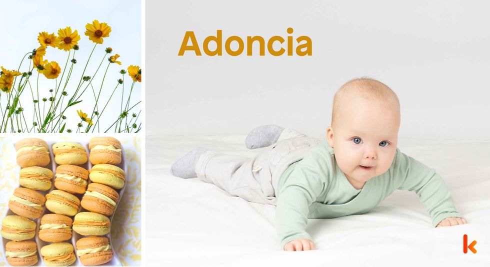 Baby name Adoncia - cute baby, flowers, macarons