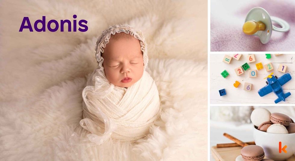 Baby name Adonis - cute baby, pacifier, toys and macarons