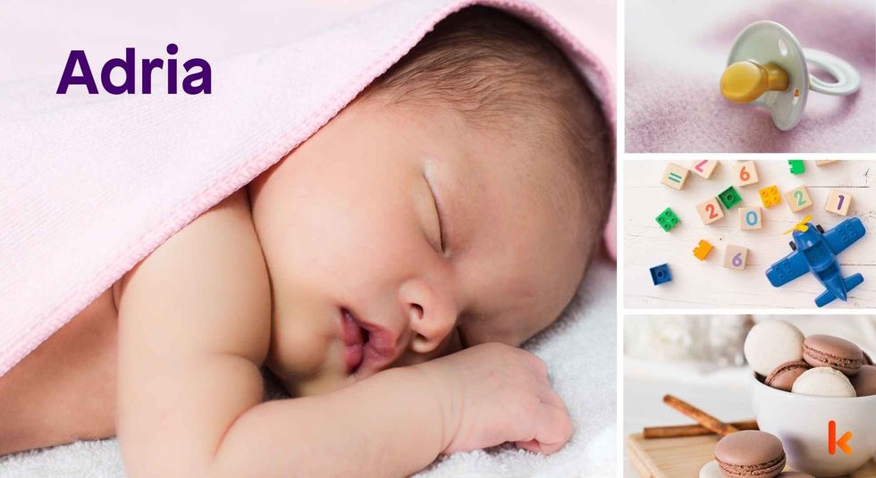 Baby name Adria - cute baby, pacifier, toys and macarons