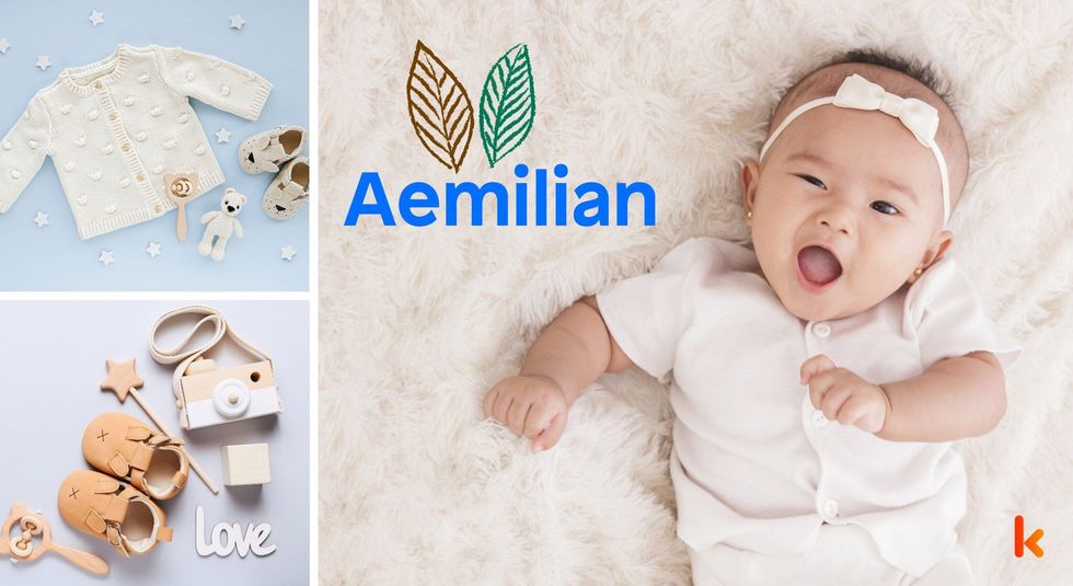 Baby name aemilian - baby booties, shirt & toy camera.