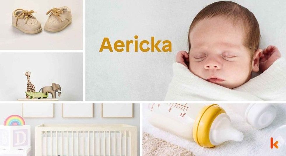 Baby Name Aericka - cute baby, baby crib, toys, feeding bottle.