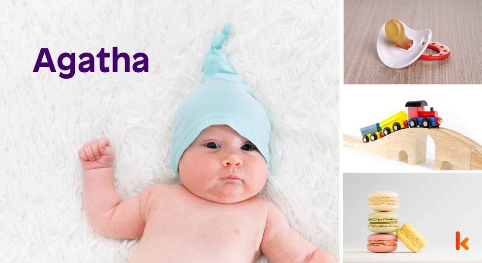 Baby name Agatha - cute baby, pacifier, toys and macarons