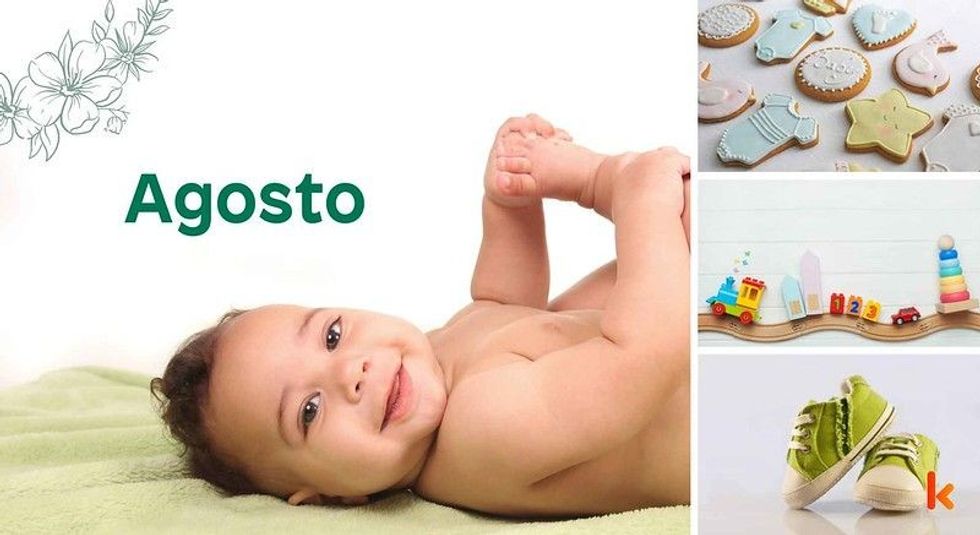 Baby Name Agosto - cute baby, cookies, toys, shoes.