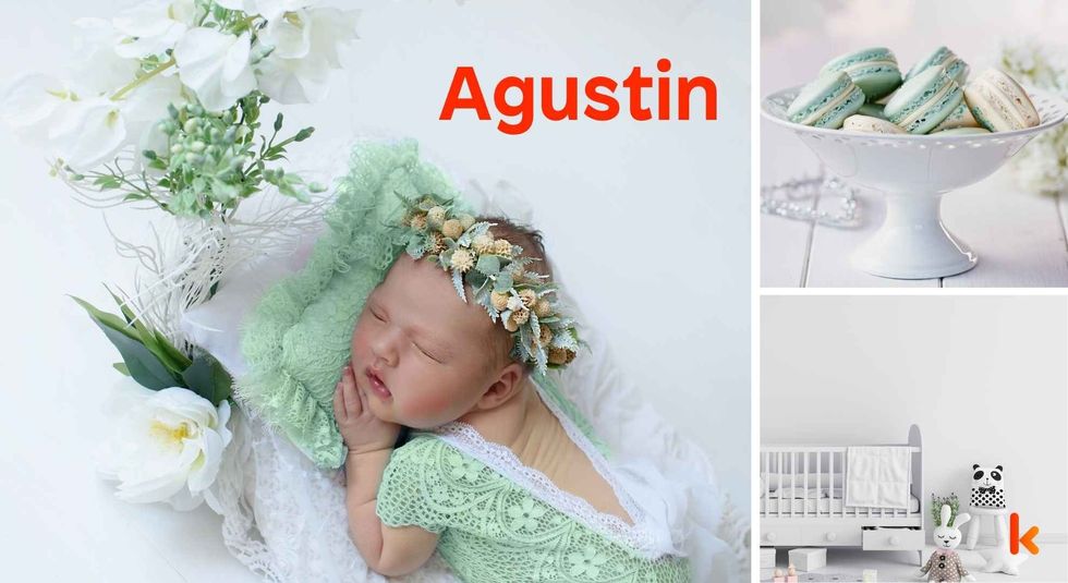 Baby name Agustin - cute baby, crib and macarons